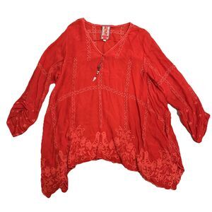 Johnny Was Red Top Blouse Embroidered XL Extra Large Long Sleeves Rayon Designer